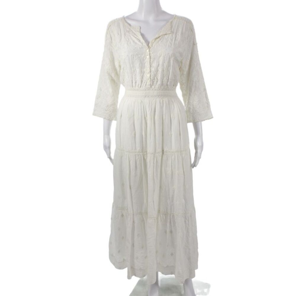 Doen Womens Maxi Dress White Cotton V-Neck 3/4 Sleeve Bohemian Long Size L